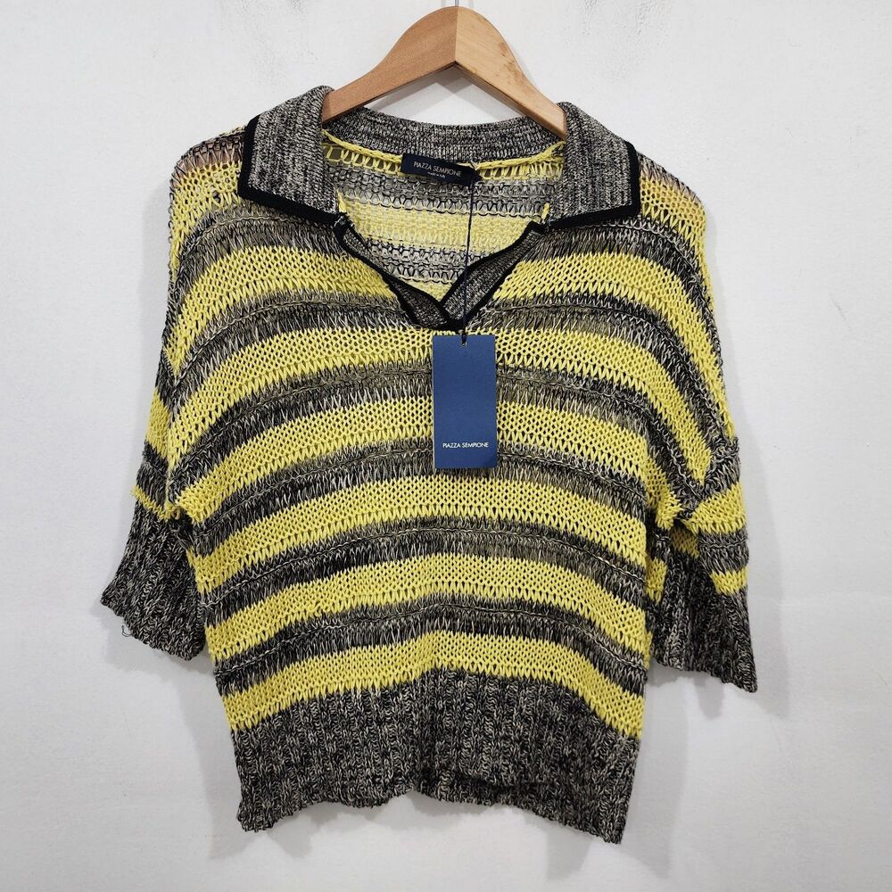Piazza Sempione Flax Linen Cotton striped open-knit sweater Polo Collar NEW IT42